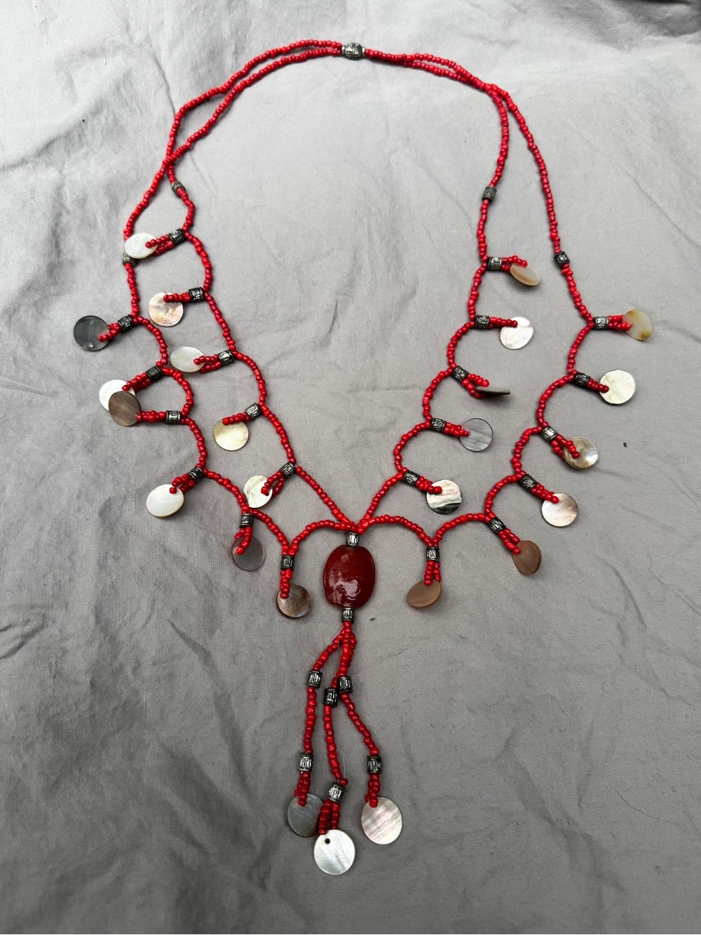 Coral Red Beaded Necklace With Carnelian Stone and Mother Of Pearl